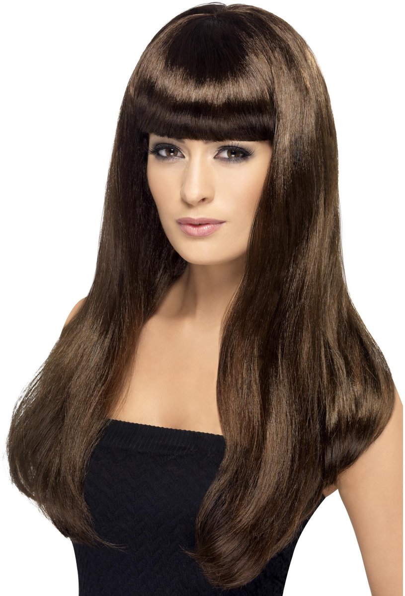 Smiffy's Carnaval verkleed pruik - bruin - dames - stijl lang haar - pony - synthetisch - damespruik