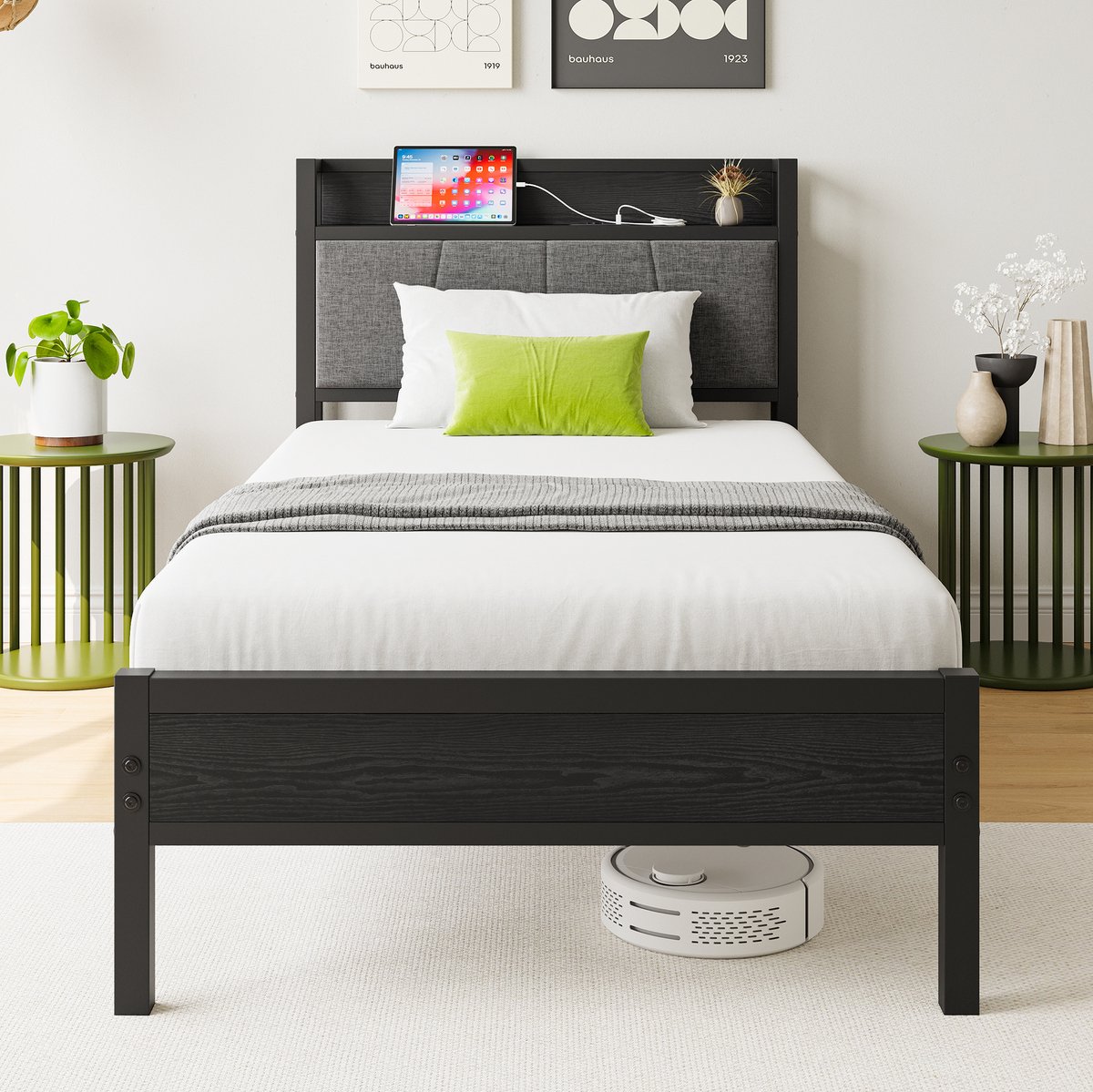 FloraGrace Metalen Bedframe 90x200cm - Stalen Eenpersoonsbed - Stevige Metaalconstructie - Met USB Lader - Eenvoudige Montage - Zwart