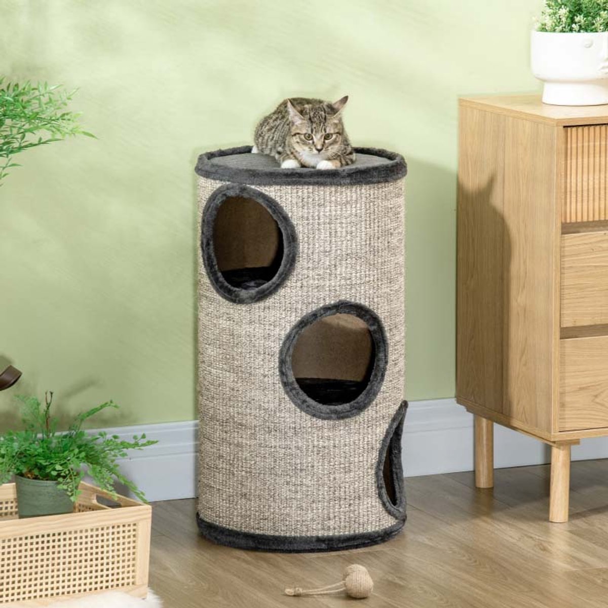 Kattenkrabton Drie lagen ontwerp Groot krasbestendig sisal oppervlak Zachte comfortabele rustzone Modern stijlvol ontwerp Stevig duurzaam houten frame Biedt katten veilige klim- en speelruimte 38x38x70cm Grijs thumbnail 5