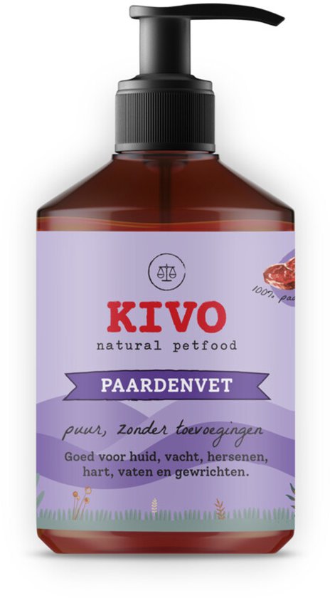 Kivo Puur Paardenvet fles met pompdispenser, met paardenvlees-illustratie.