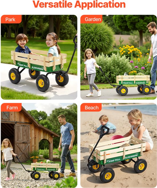 VEVOR Kinderhandkar, 102 CM, Transportkar met Duwstang, Gemaakt van Hout en Metaal, Max. 150 KG Draagvermogen, Ideaal voor Kinderen Vanaf 5 Jaar, voor In De Tuin, Uitstapjes en op Het Strand, Groen en Geel van Vevor — afbeelding 5