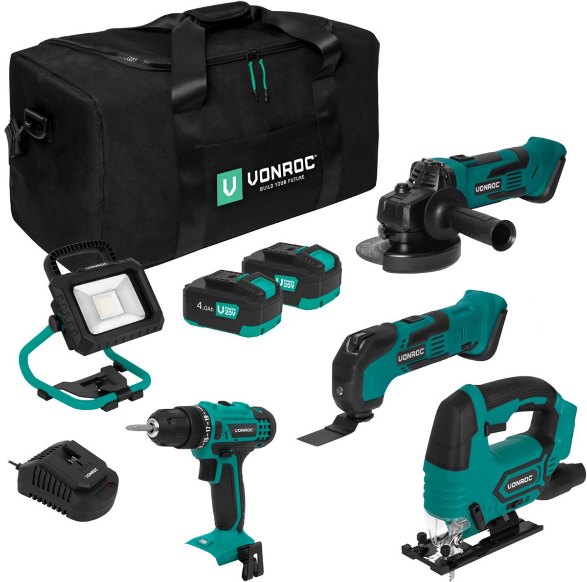 VONROC Gereedschapsset VPower 20V – Accuboormachine, Decoupeerzaag, Oscillerende Multitool, Haakse Slijper, LED-Werkverlichting, 2x 4.0Ah accu en Snellader