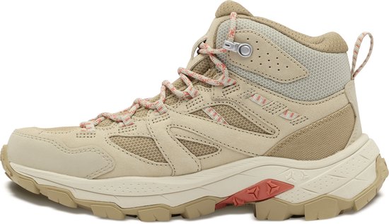 Vue latérale d'une botte de randonnée beige avec lacets roses et accents orange sur la semelle. Logo Texapore visible.