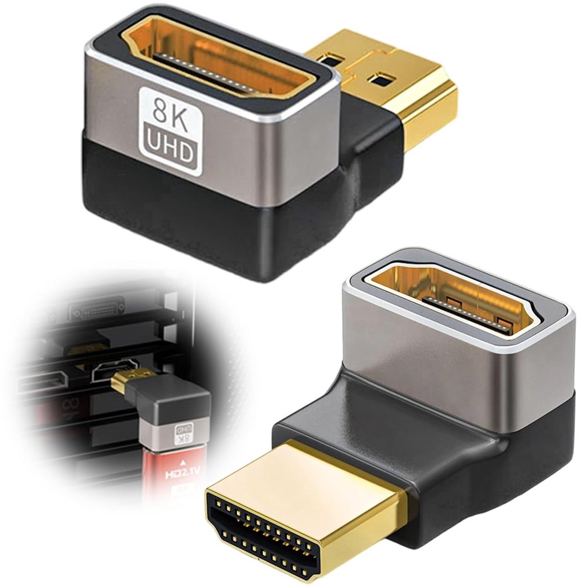 2 stuks Gebogen HDMI Adapter 270 Graden Haaks 8K/4K Verlengstuk Verguld