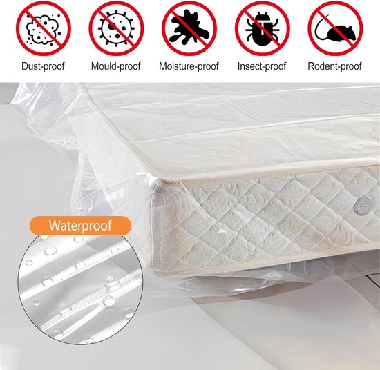 Matras in hoes, 'Waterdicht' label, met pictogrammen voor stof-, schimmel-, vocht-, insecten- en knaagdierbestendigheid.