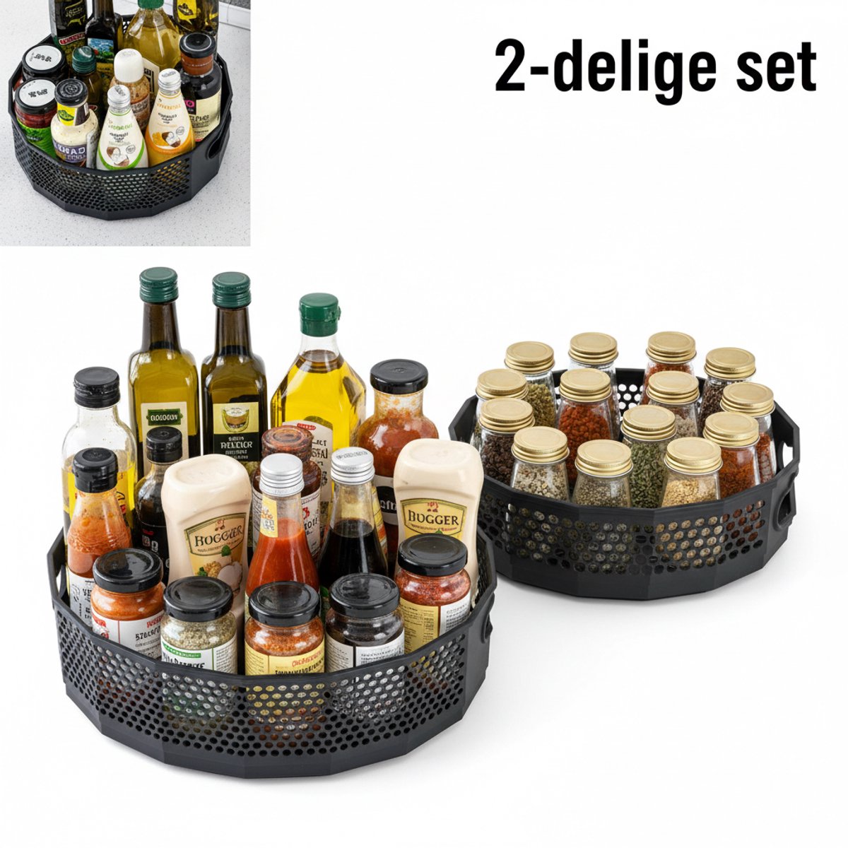 Hearyoo Draaibaar Kruidenrek Set – 360° Draaiend Draaiplateau – Keuken Organizer Voor Kruiden en Snacks – Honingraat Design Zwart