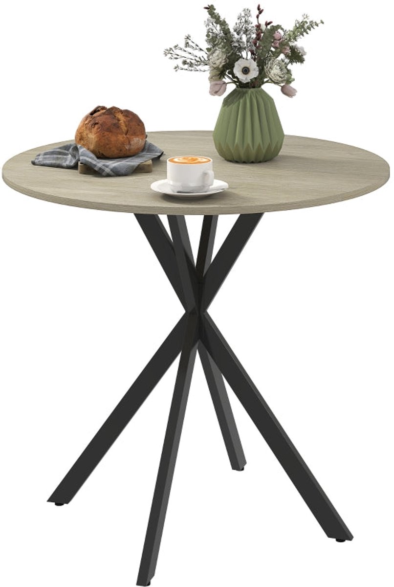 Merax Ronde Eettafel Ø80 X 75 Cm – Industriële Keukentafel Voor 2 Personen – Tafelblad Met Eikenlook – Stalen Kruispoten – Zwart Onderstel