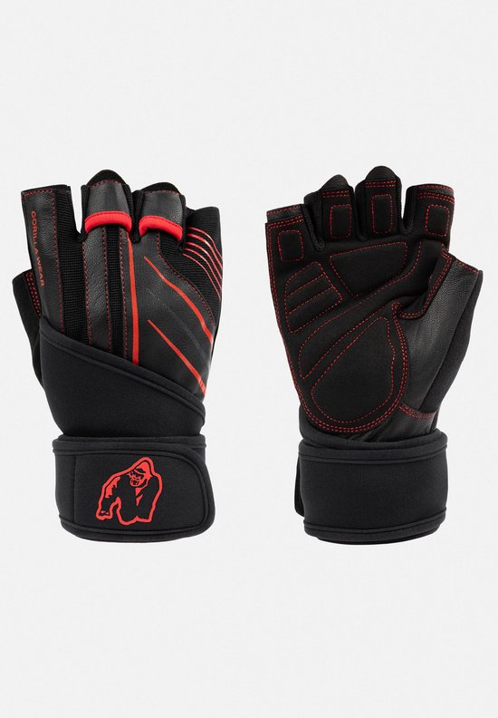 Zwarte fitnesshandschoenen met rode accenten, gorilla wear logo, en verstelbare polsbanden.