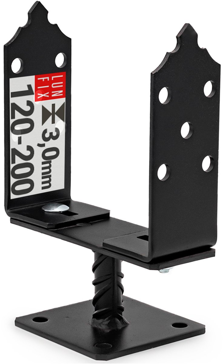 LUN FIX - Verstelbare paalhouder + 120-200 mm - 3 mm - U-vorm - Zwart om te schroeven - Gegalvaniseerd