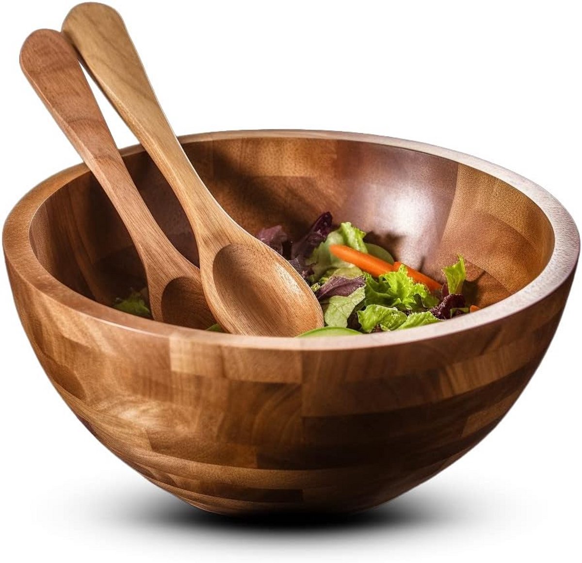 Premium Acacia Houten Saladekom met Serveerset - Duurzaam en Rustiek Ontwerp
