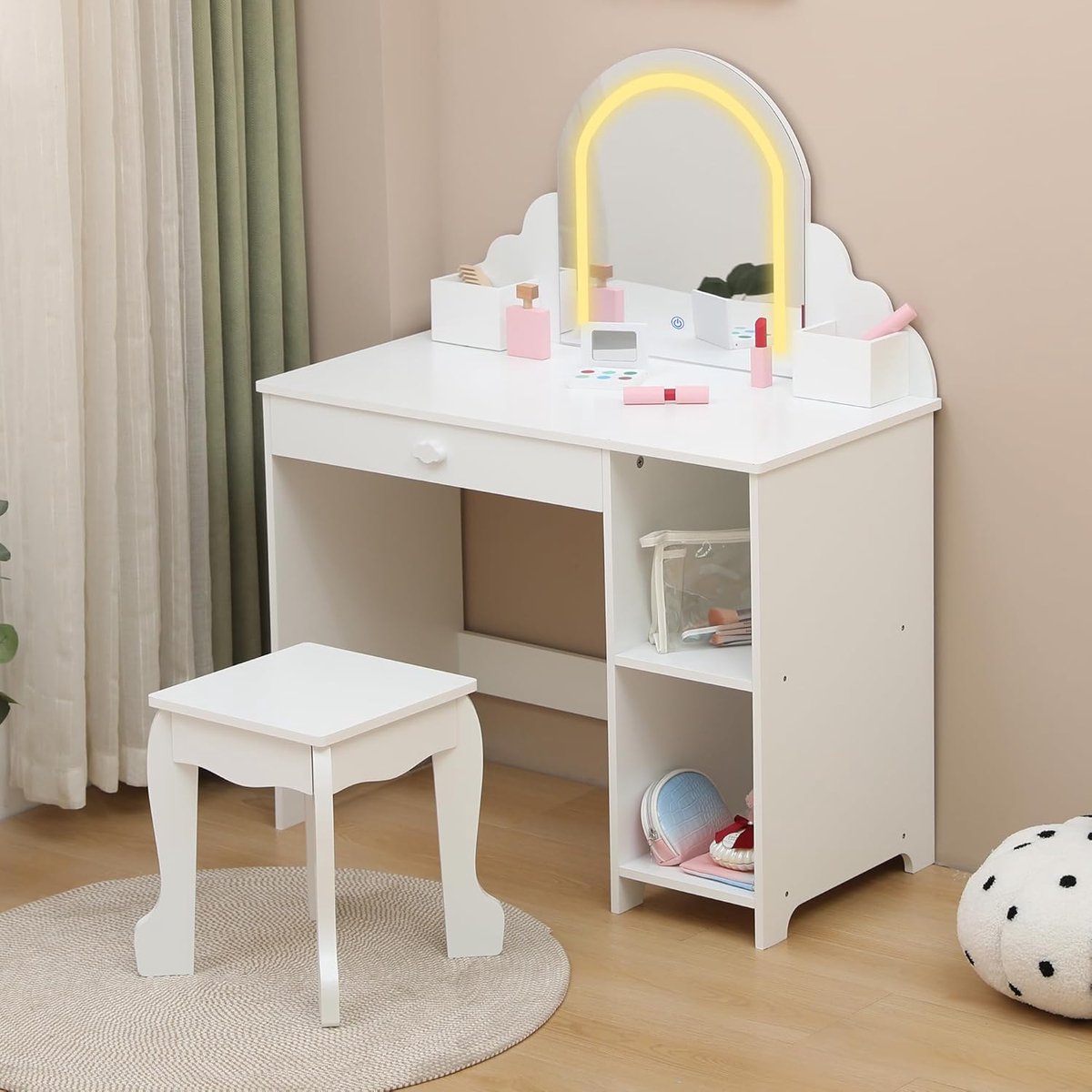 Kinder Kaptafel met Verlichte Spiegel - 2‑in‑1 Kaptafel & Krukje voor Meisjes 3‑9 Jaar, met Lade en Open Planken, Met accessoires, wit