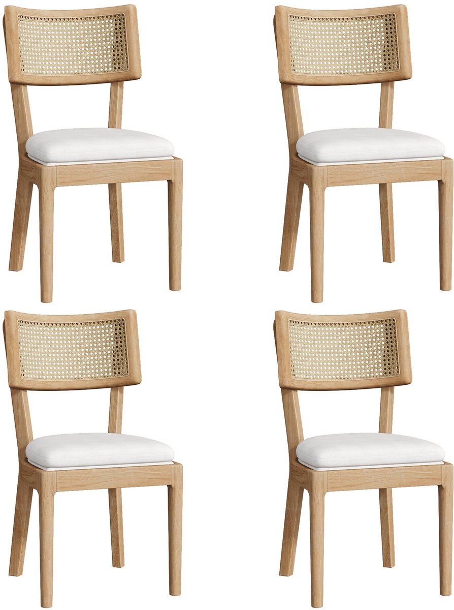 Merax Eetkamerstoelen Set van 4 – Massief Hout & Rattan Rugleuning – Met Linnen Zitkussen – Houtkleur – 50x58x88 cm
