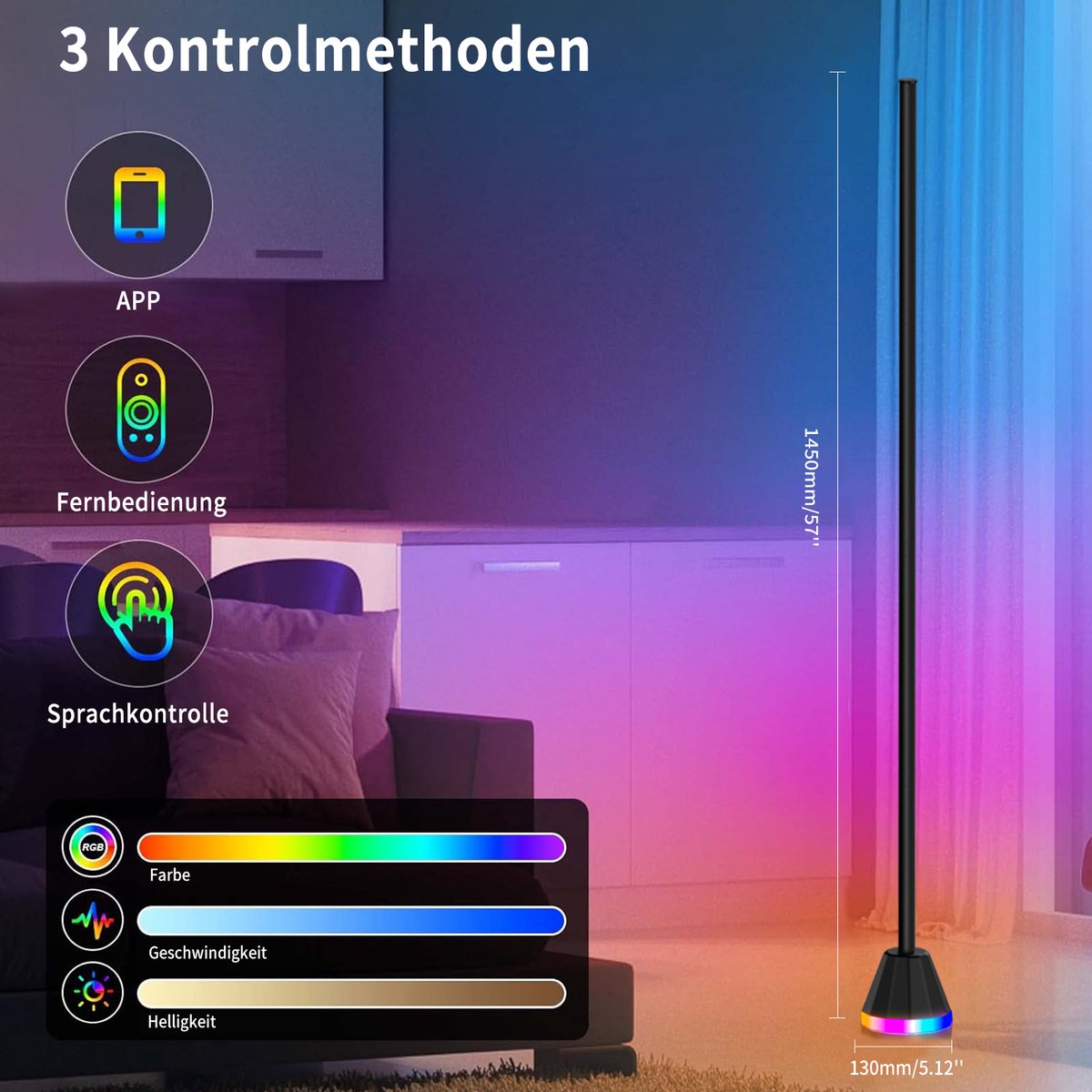 RAYOFI LED-vloerlamp -145 cm-LED vloerlamp dimbaar RGBIC - Vloerverlichting - Wit licht/meerkleurige sfeerverlichting - Ondersteunt bediening via app en afstandsbediening - Creëert de perfecte sfeer voor slaapkamers, woonkamers en speelkamers thumbnail 3