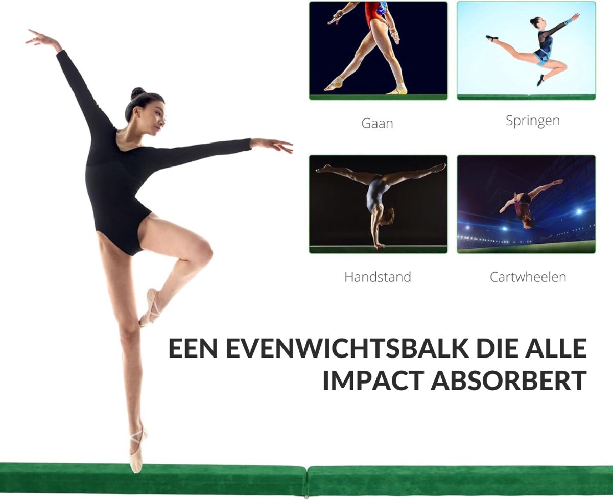 Quvo® Turnbalk voor Thuis - Evenwichtsbalk Met Schuimstoflaag - Balanstrainer - Balans Speelgoed – Opvouwbare Turn Balk – 210 cm- Groen-210cm x 10 cm x 7 cm
