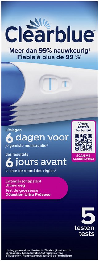 Clearblue zwangerschapstest verpakking met teksten in Nederlands en Frans, plus QR-code.