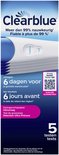 Clearblue zwangerschapstest verpakking met teksten in Nederlands en Frans, plus QR-code.