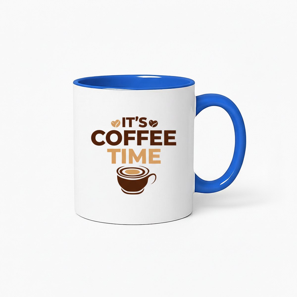 Koffiemok 'It's Coffee Time' - Witte Keramische Mok met Blauwe Rand & Handvat