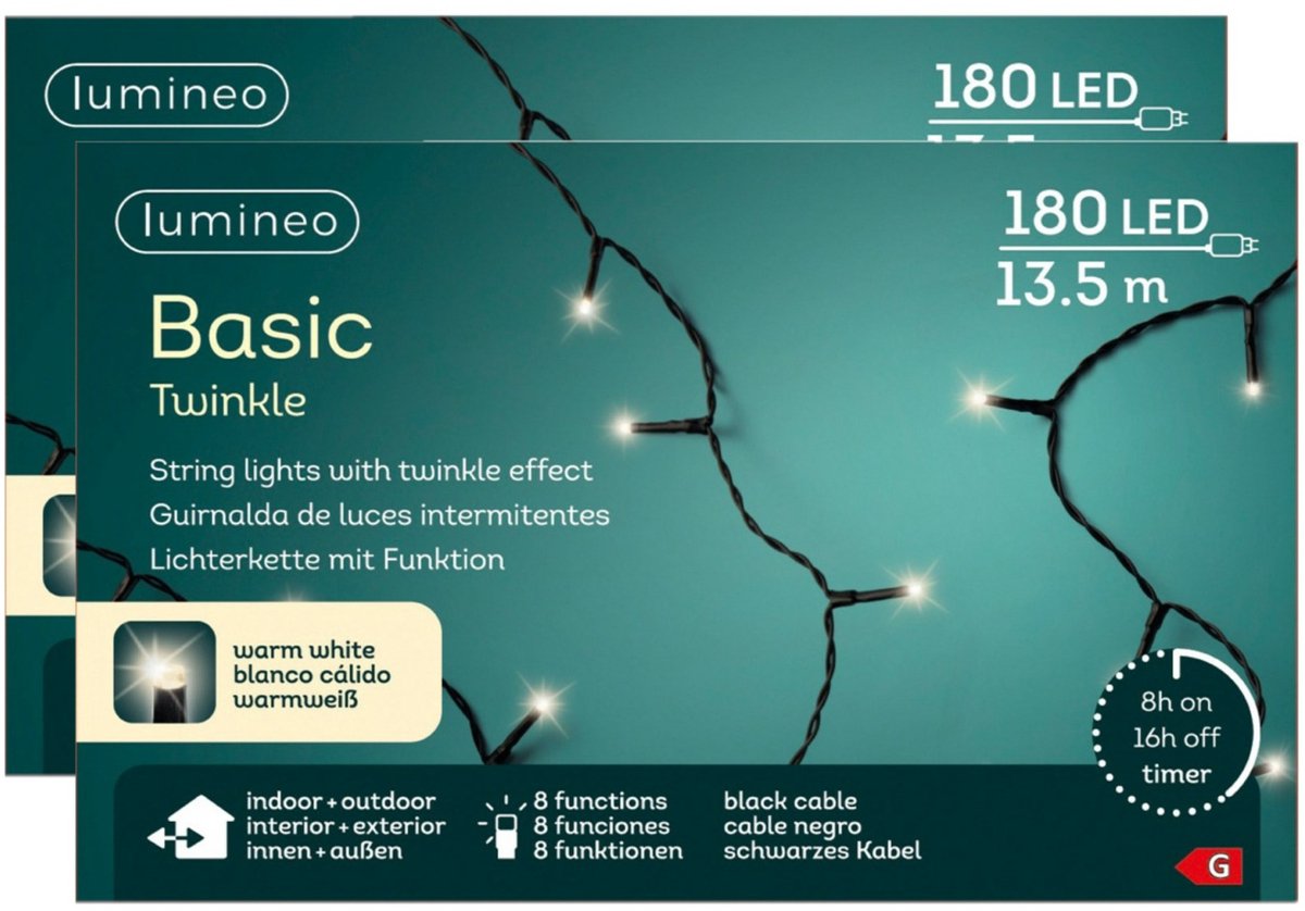 Lumineo kerstverlichting - 2x - 13,5 m - warm wit - 180 leds - kerstversiering