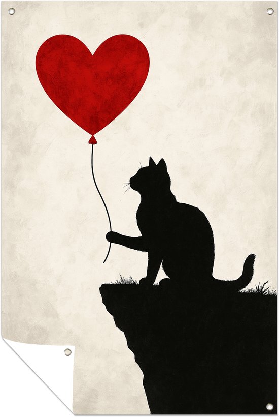 Zwarte kat silhouet op een klif die een rode hartvormige ballon vasthoudt tegen een crèmekleurige achtergrond.