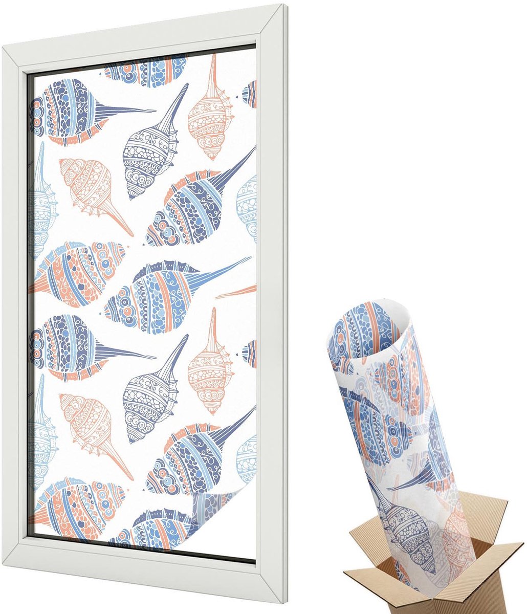 Wallfluent Glas in Lood Raamfolie - Zeeschelpen Raamfolie Glas in Lood - 50x100 cm - Blauw Zelfklevende Raamfolie Glas in Lood - Melkglas Folie met Glas in Lood Effect - Voor de woonkamer, voor het kantoor, voor de hal - Glas in Lood Folie voor Raam
