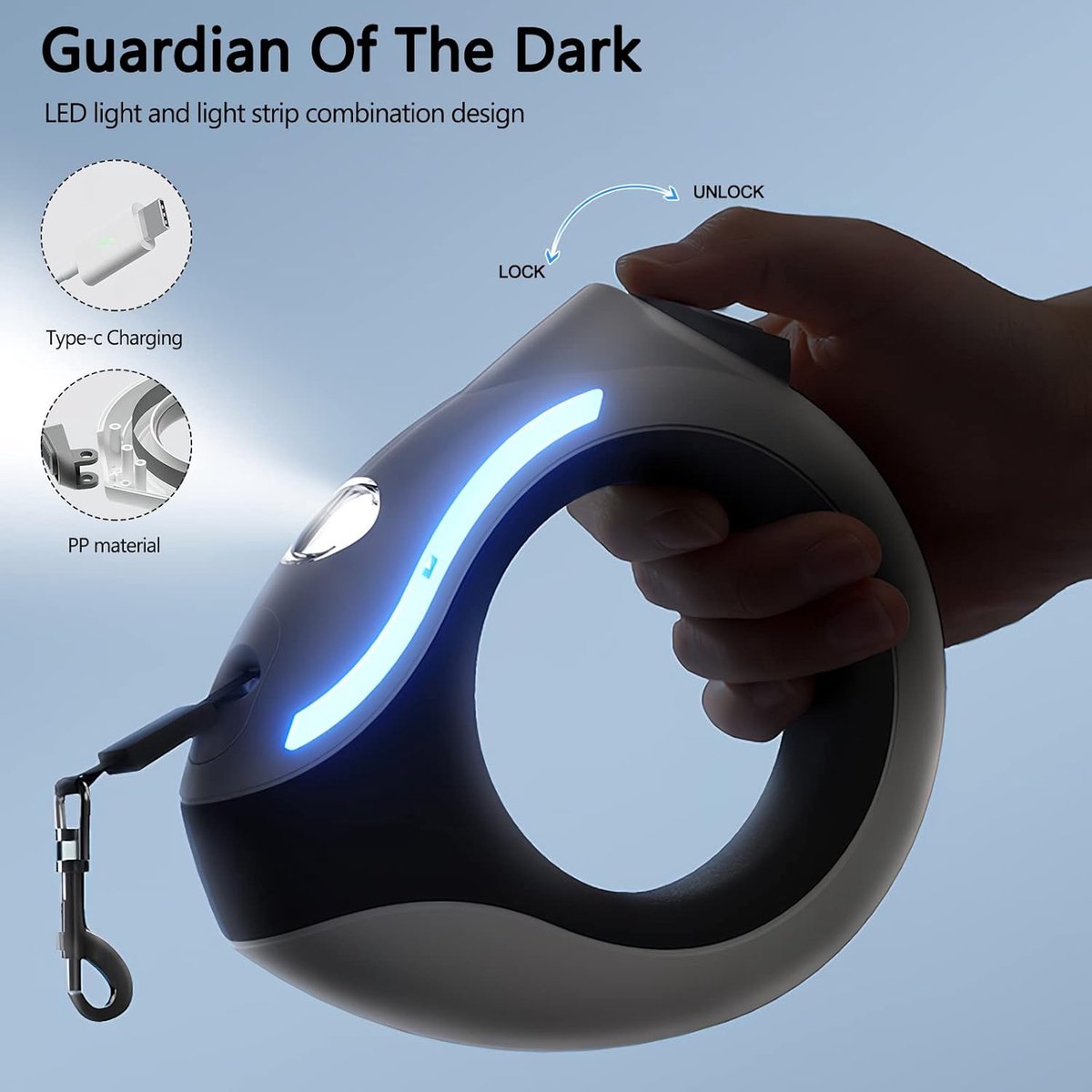 Sander Intrekbare hondenlijn, 3m uitschuifbare hondenriem met led-zaklamp, rem met één knop en slot, uitschuifbare hondenriem voor honden tot 20 kg (groen) thumbnail 2