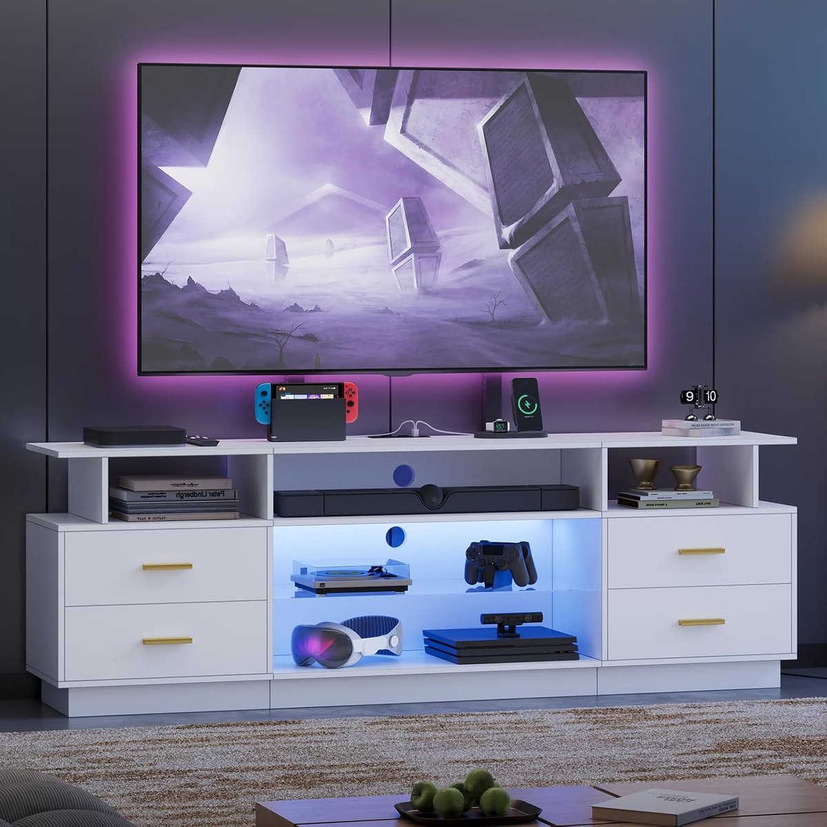 TV-meubel met TV-houder – Urbanhome SmartView Pro – In Hoogte Verstelbare TV-Standaard tot 70 Inch – LED-Verlichting RGB – TV-Kast met Stopcontacten & USB – Lowboard met 4 Lades, Glazen Planken & Open Vakken – Modern Wit