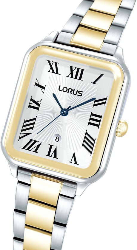 Gouden en zilverkleurige schakelband horloge met rechthoekige zilverkleurige kast met gouden rand.
