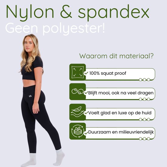 Vrouw in zwarte sportlegging en top, naast tekst over nylon & spandex materiaal.