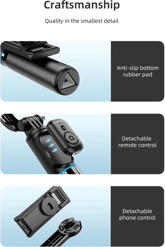 Close-up details van de selfie-stick: anti-slip onderkant, afneembare afstandsbediening en telefoonhouder.