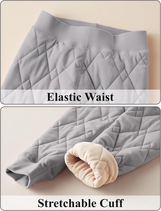 Detailopnames van een grijze thermobroek: elastische tailleband en rekbare boorden met zachte voering.
