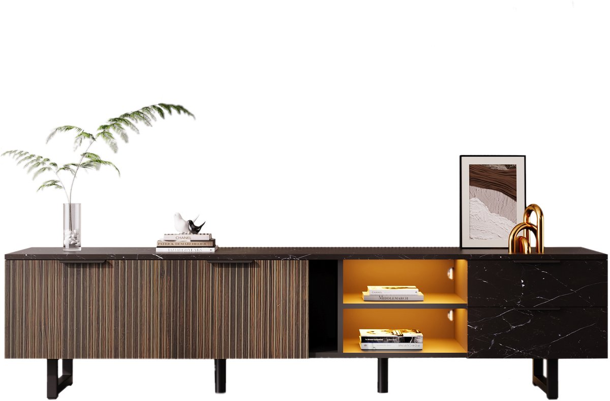 Clruro TV Kast - 200 cm - Marmerlook met LED - Geschikt voor Robotstofzuiger - Hout - Zwart Marmerlook & Zwart