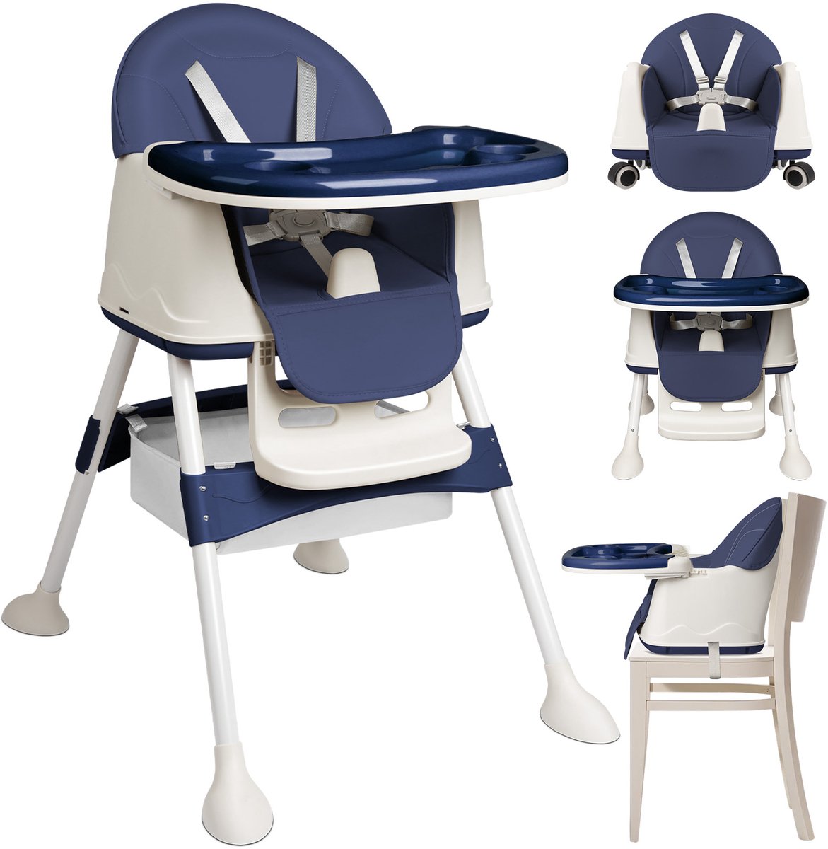 Soontrans - Compact Kinderstoel - Eetstoel Afneembare Wielen - 5-punts Gordel - Peuterstoel Uitneembaar Kussen - Meegroeistoel Aan Tafel met Opbergmand - Babystoel met Afneembare Eetblad - Blauw