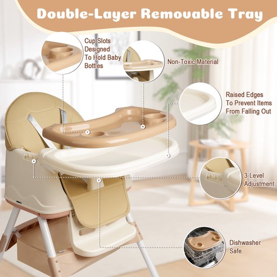 Soontrans - Compact Kinderstoel - Eetstoel Afneembare Wielen - 5-punts Gordel - Peuterstoel Uitneembaar Kussen - Meegroeistoel Aan Tafel met Opbergmand - Babystoel met Afneembare Eetblad - Beige van Soontrans — afbeelding 4
