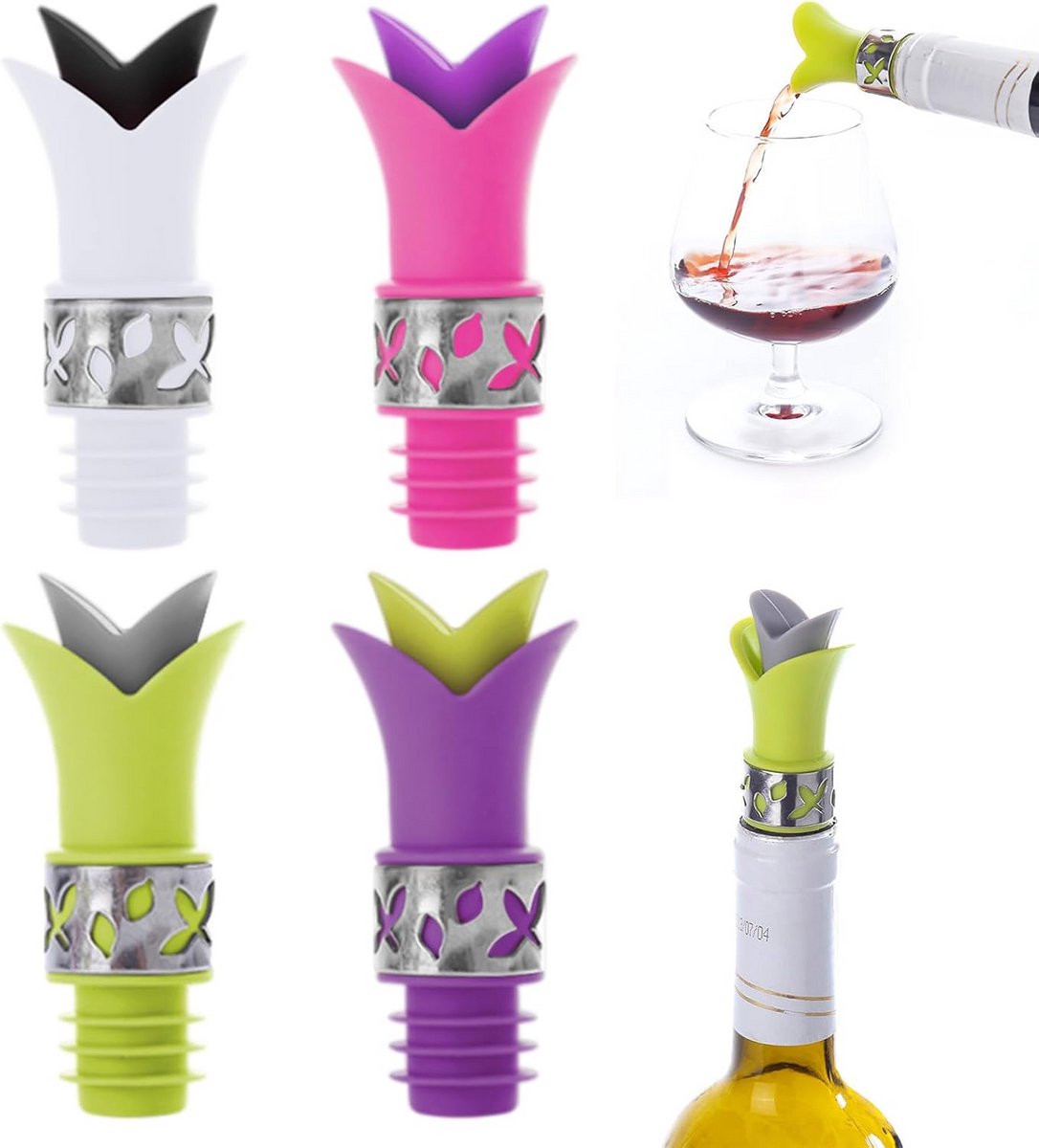 Set van 4 Universele Siliconen Flesdoppen voor Champagne, Wijn en Bier
