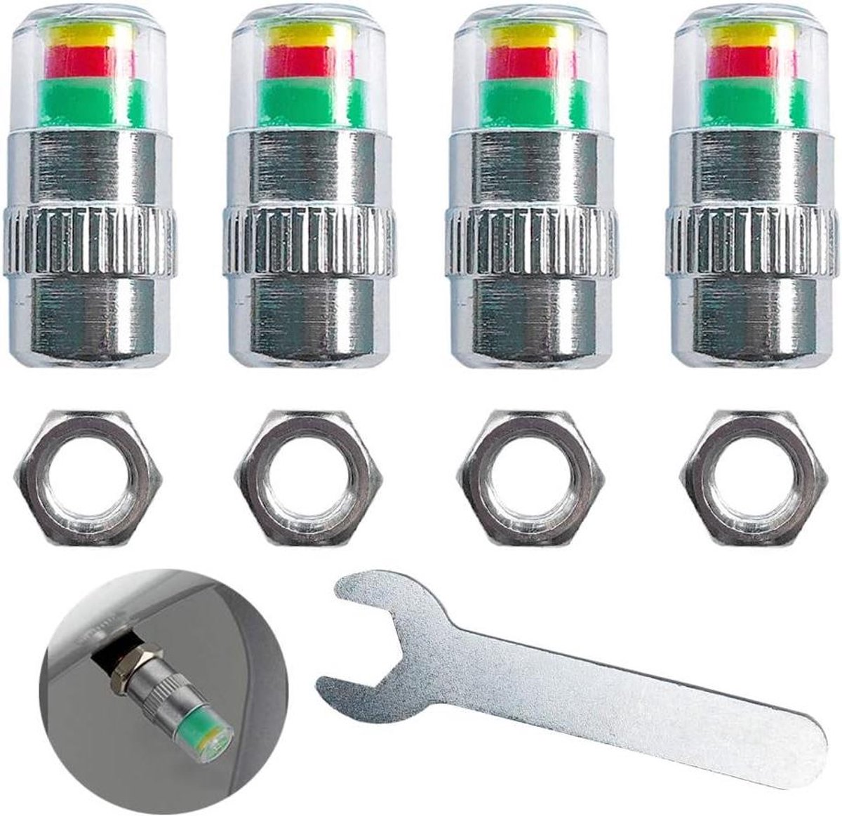 Autobandenspanningsmeter ventieldoppen - Set van 4 - Veiligheidswaarschuwing - Sensorindicator - 3 kleuren - Anti-diefstal doppen met moeren - Bandenklep stofkappen