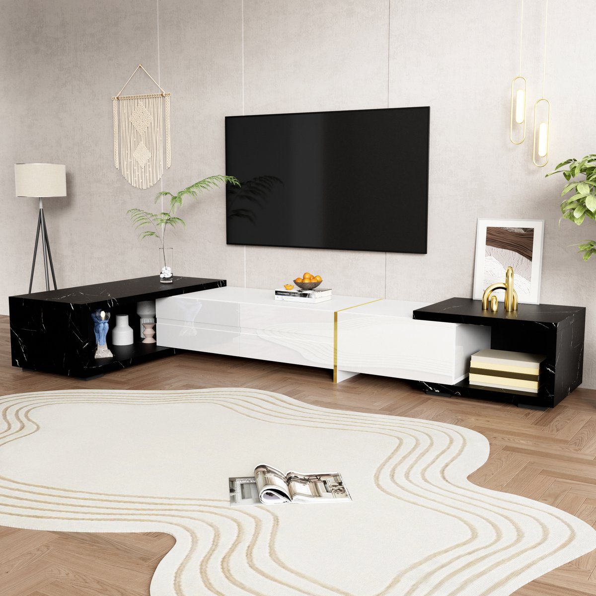 MIVRAY Televisiemeubel - Verstelbare Lengte En Draaibaar Ontwerp - Opbergmeubel Voor Woonkamer - MDF En Spaanplaat - 140-260x40x30 Cm zwart + wit