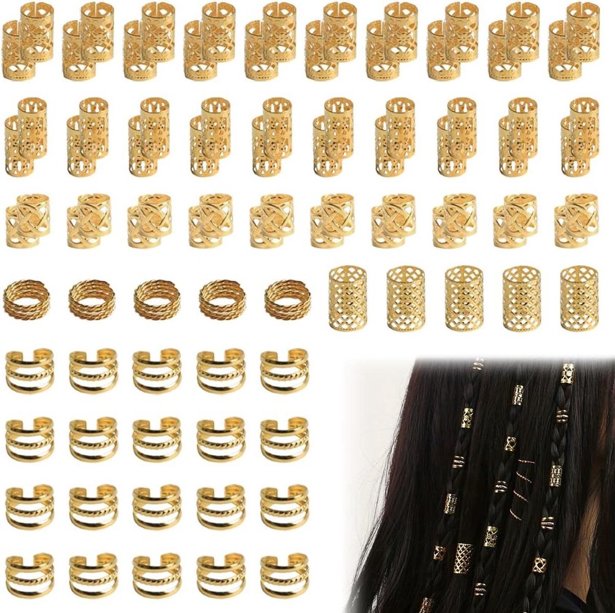 90 stuks decoratieve haaraccessoires voor dreadlocks en vlechten - spiraalclips, kralen - goudkleurig, geschikt voor dames en heren
