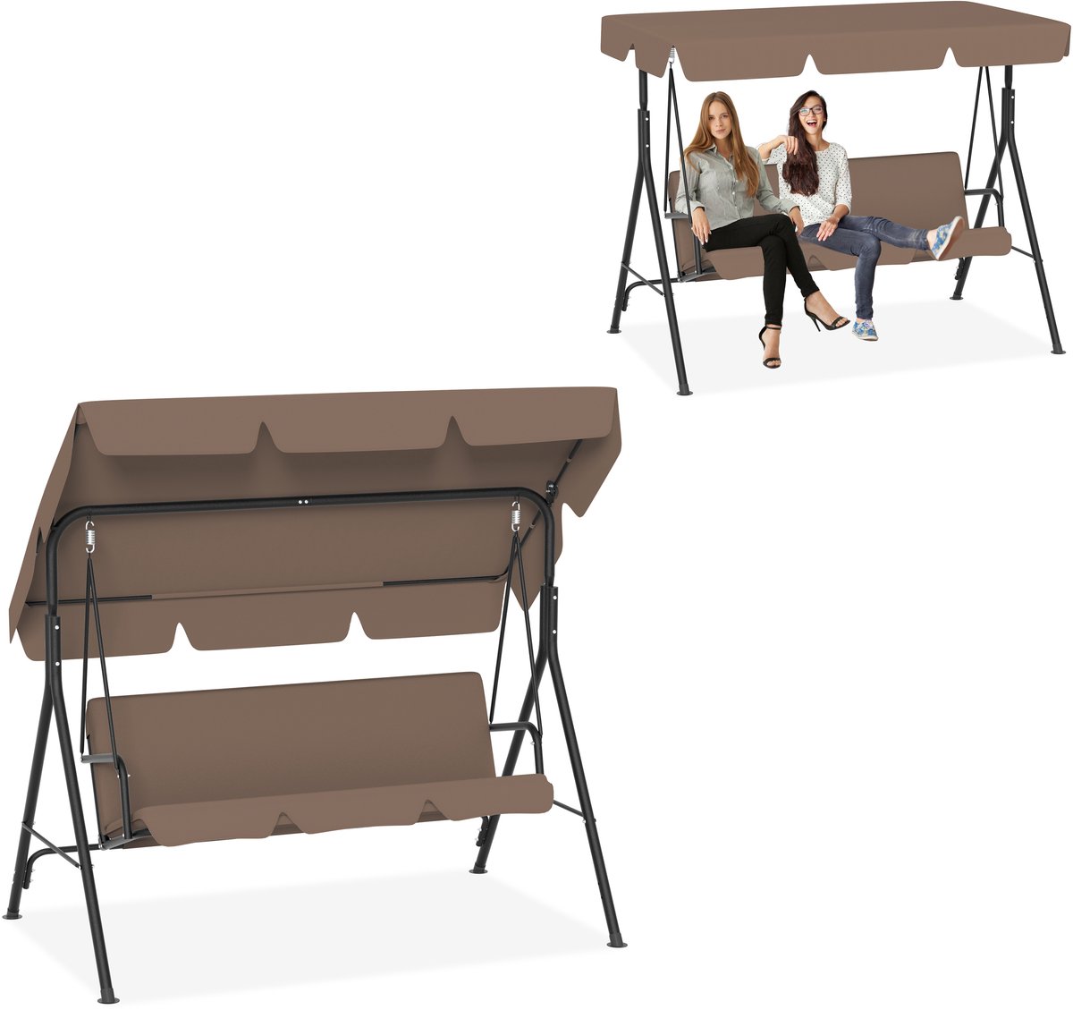 Aufun Schaukel 3 Zits - Tuinschommel Met Ligfunctie - Metalen Ligbank - Verstelbaar Zonnescherm - 193x110x152 cm - Donkerbruin