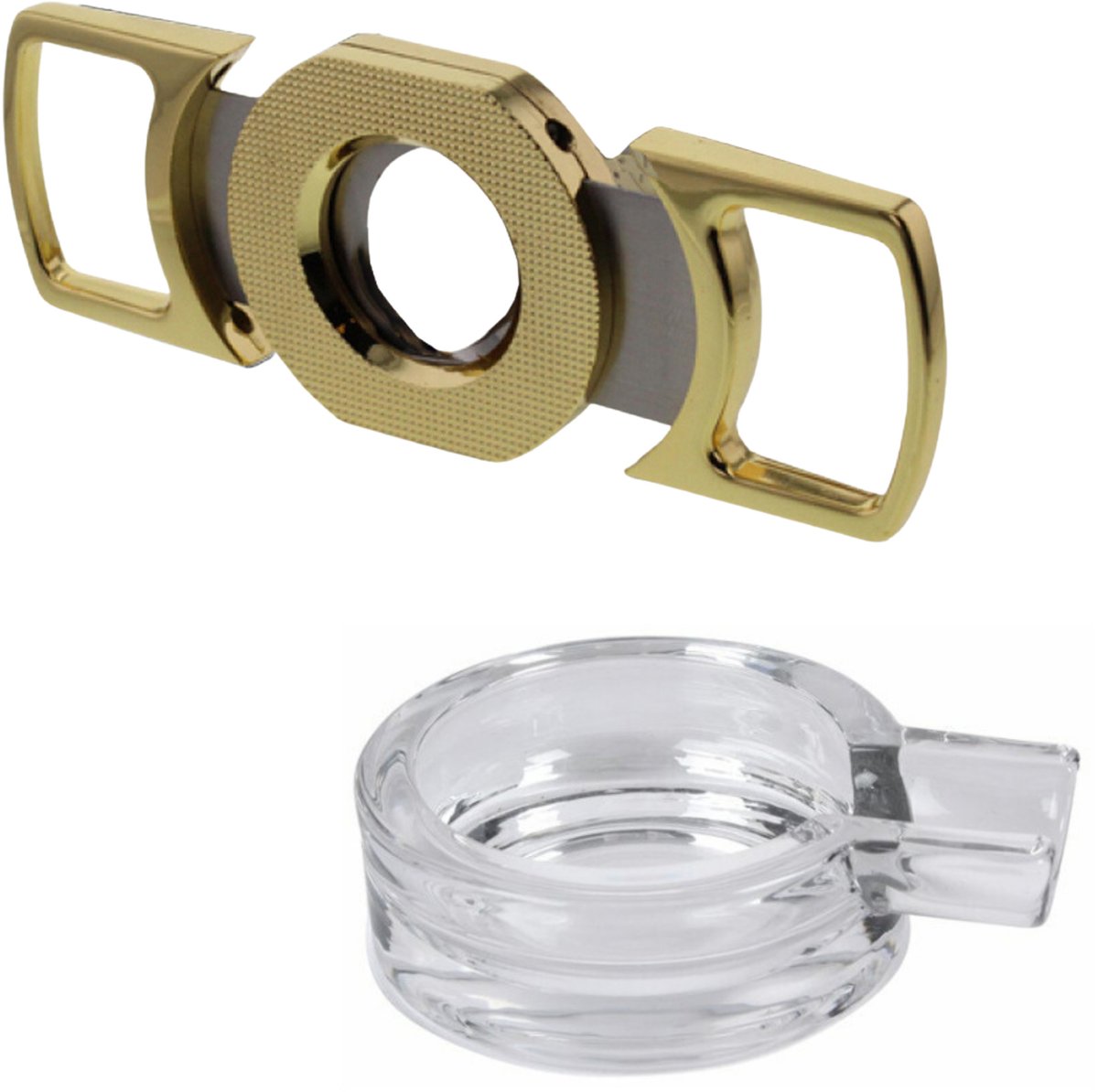 Sigaren set - asbak - glas - D15 cm - sigarenknipper - 25 mm - goud