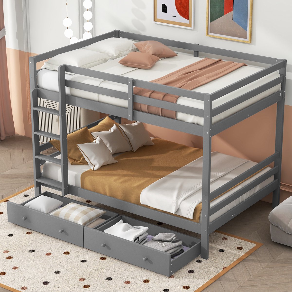 MIVRAY Stapelbed 140x200 cm - Met Afneembare Lade En Opbergruimte - Met Hoge Valbeveiliging - Grenenhout En MDF - Grijs