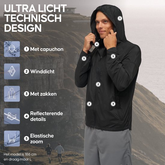 DANISH ENDURANCE Windjack Voor Heren, Van Gerecycelde Materialen Reflecterende Details Ultra Licht Zwart L 674509544