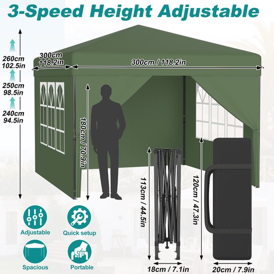 Groene partytent met puntdak, illustratie van een persoon en afmetingen in cm en inches.