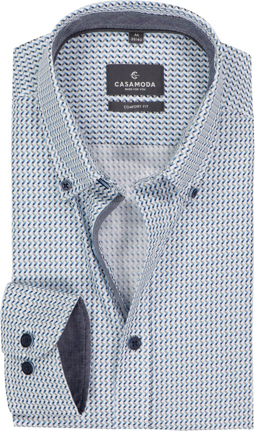CASAMODA Sport comfort fit overhemd - popeline - wit met blauw en groen dessin