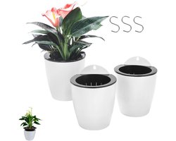 3 stuks - Hangende, zelfwaterende plastic bloempot voor aan de muur - Zwart en wit - Met S-haak - Zelfwaterende plantenpot - Bloemenmand voor aan de muur - Hangende plastic container voor verticale tuin