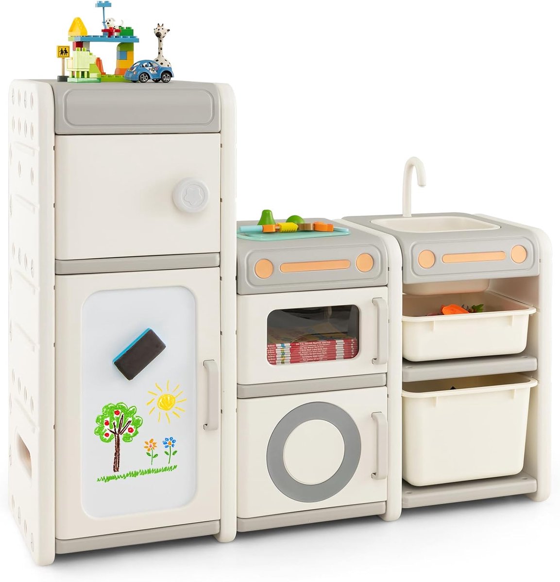 KOMFOTTEU Kinderspeelgoedrek, kinderrek met magnetisch whiteboard, pen en bordwisser, rek voor speelgoed met afneembare gootsteen en kraan, kinderrek met 4 kasten en 2 dozen
