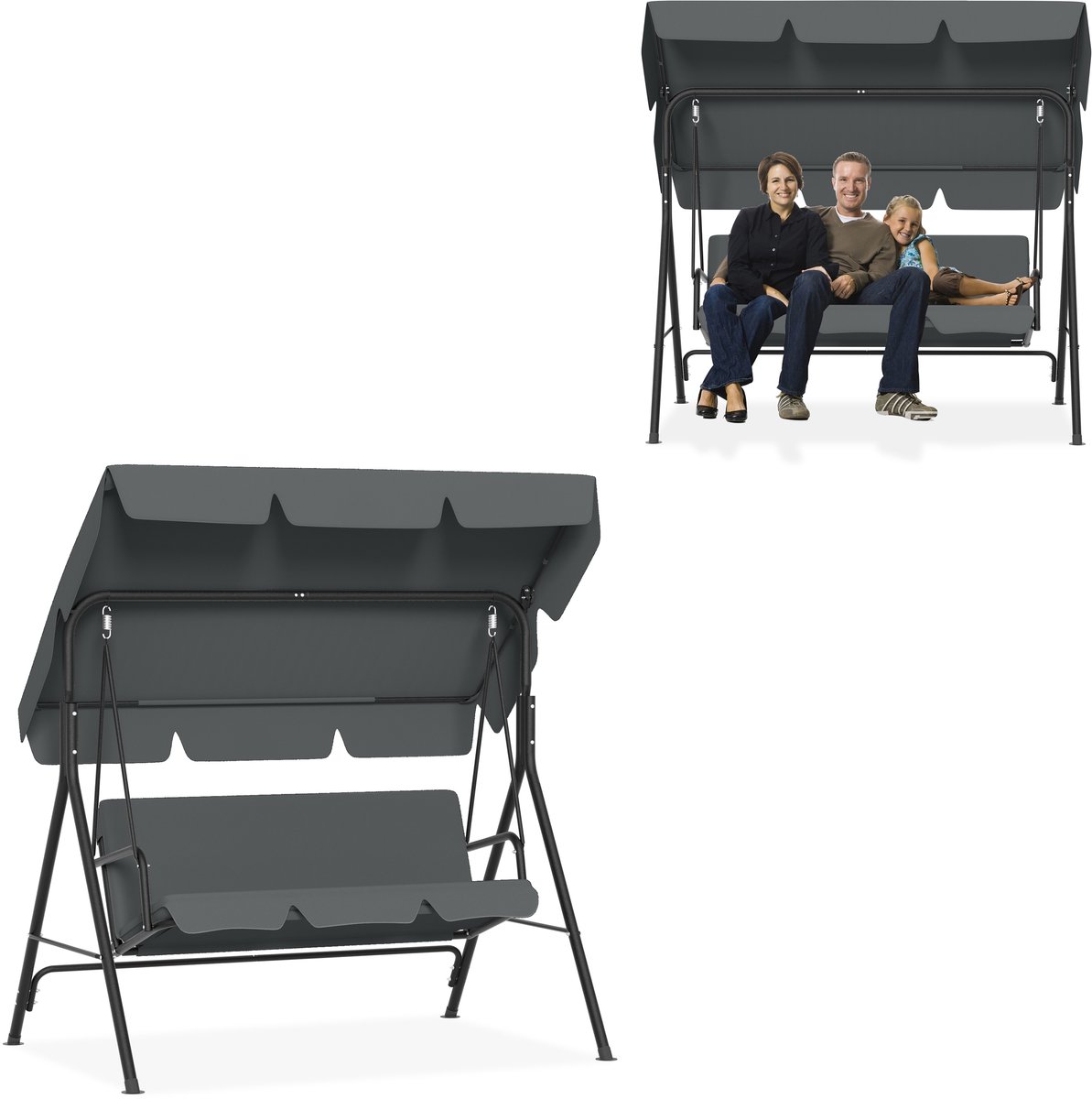 Aufun Schaukel 3 Zits - Tuinschommel Met Ligfunctie - Metalen Ligbank - Verstelbaar Zonnescherm - 176x110x152 cm - Grijs