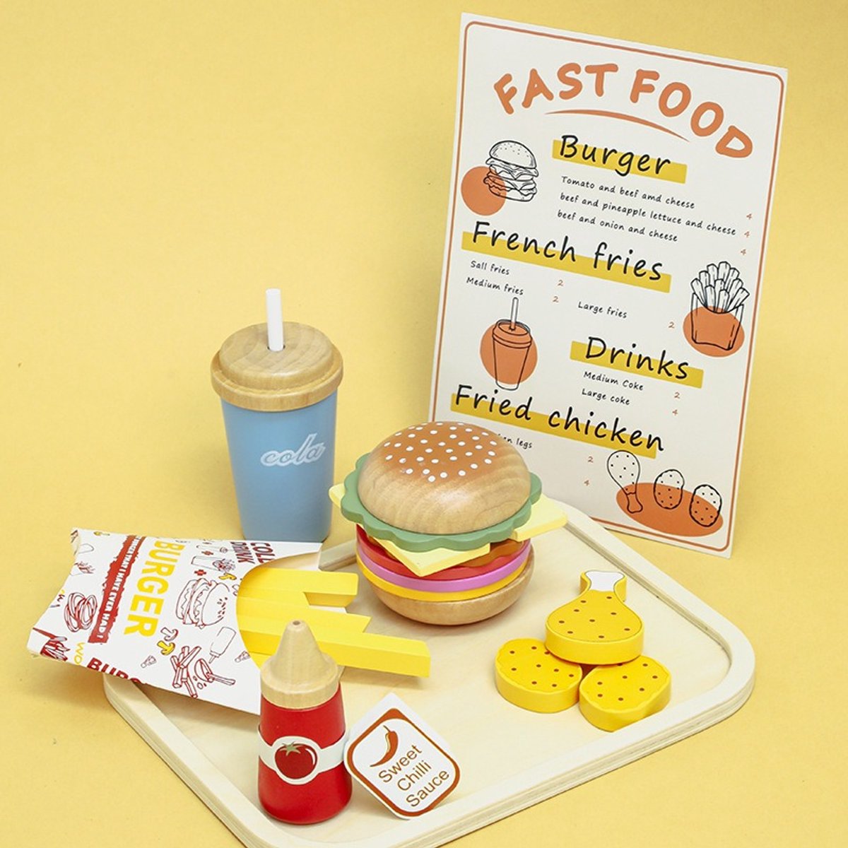 Houten Hamburger Speelset - Kinderkeuken Fastfood Restaurant - Inclusief Menukaart & Accessoires - Educatief Rollenspel - Duurzaam - Cadeau 3+ Jaar