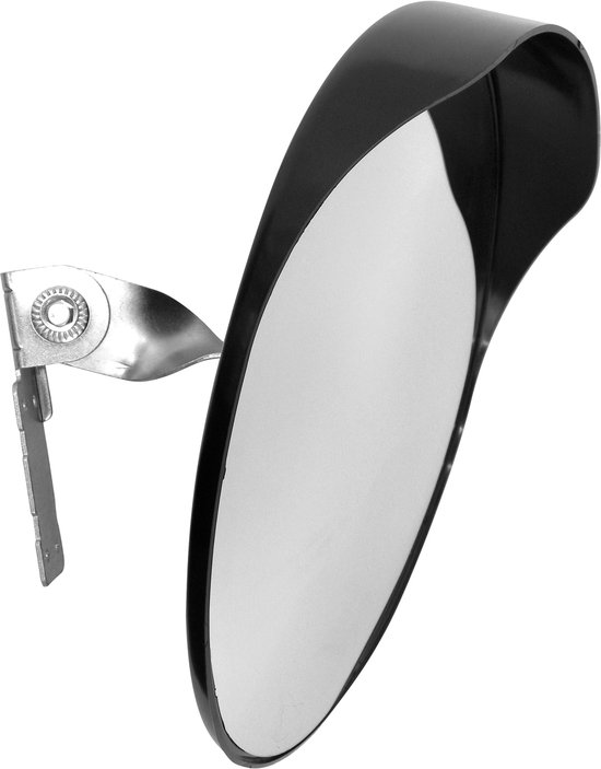 Un miroir de sécurité rond avec un bord noir et un support de montage en métal, isolé sur un fond blanc.