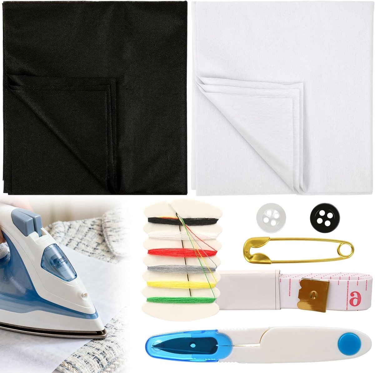 Strijkvlies 200 x 100 cm - Opstrijkbare Inlegstof - Lichtgewicht Vliesstof - Rol van 1,5 m - Schaar - Naaihandwerk - Versterkte Kleding - Zwart-Wit