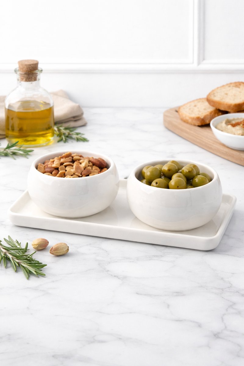 Mevaz Dubbele Snackbowl Set met Keramisch Dienblad – Witte Keramische Kommen Ø8 cm voor Snacks, Dips en Tapas